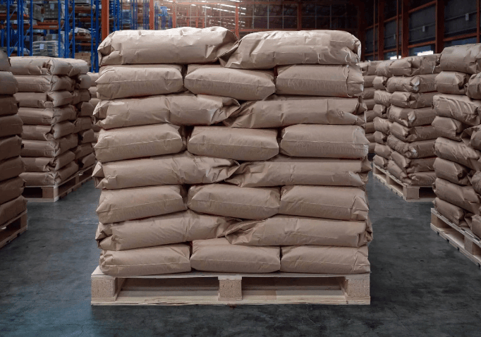 bags on pallets in warehouse